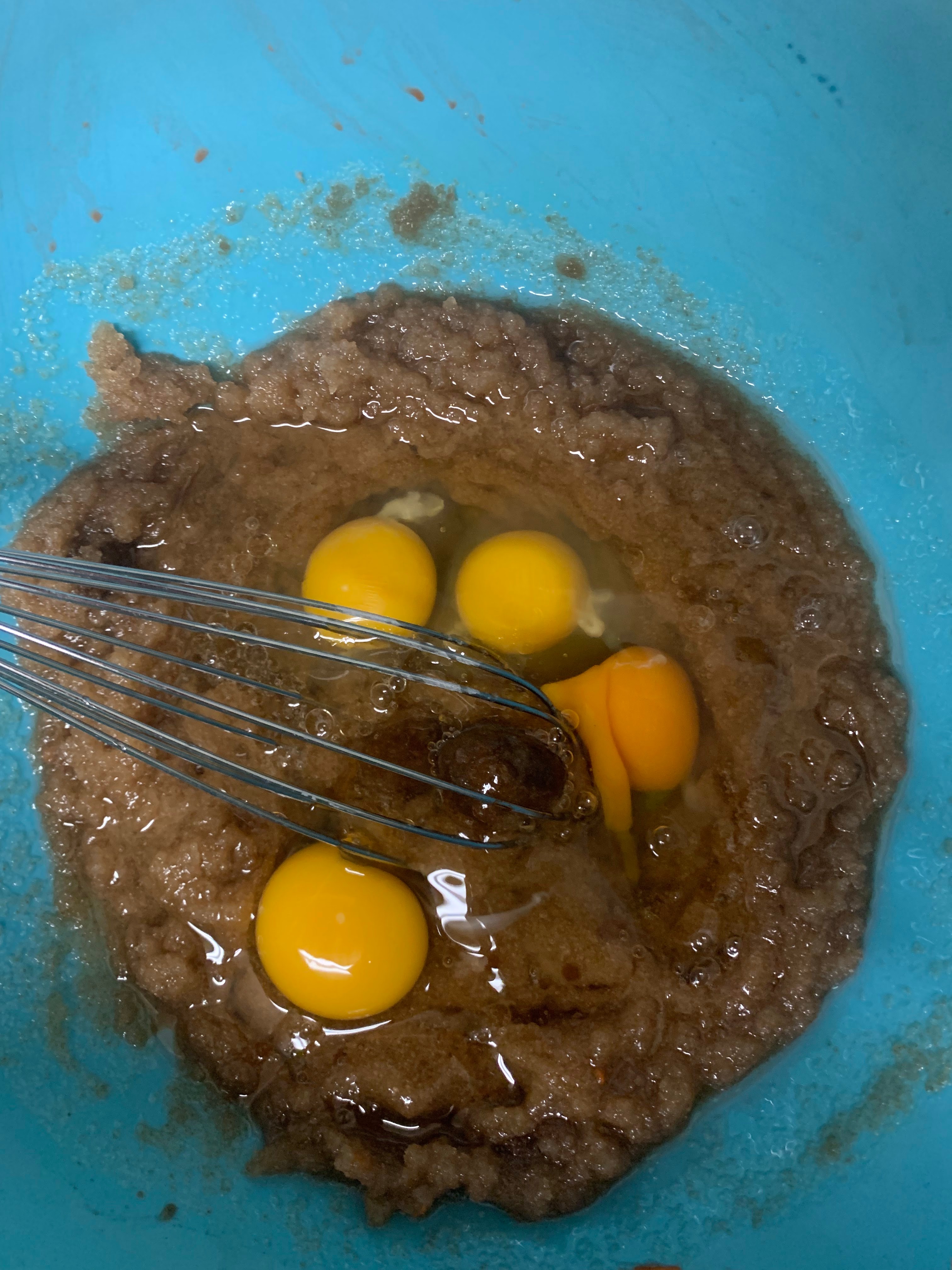 Four eggs added to wet mixture